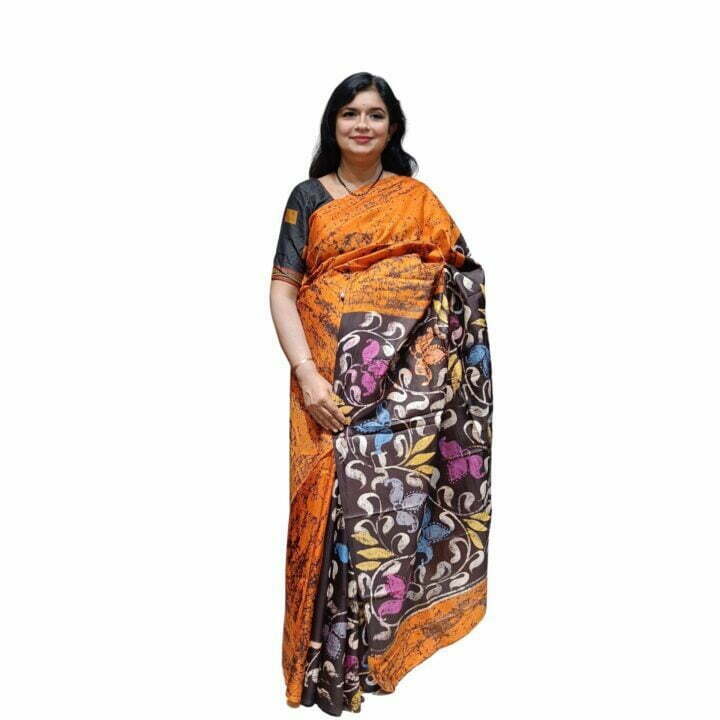 Buy online Soft Silk Batik Printed Saree With Zari Woven Border Blue-AF2039
